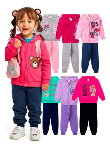 Kit 4 Peças Roupa Infantil Capuz E Zíper Menina Moletom