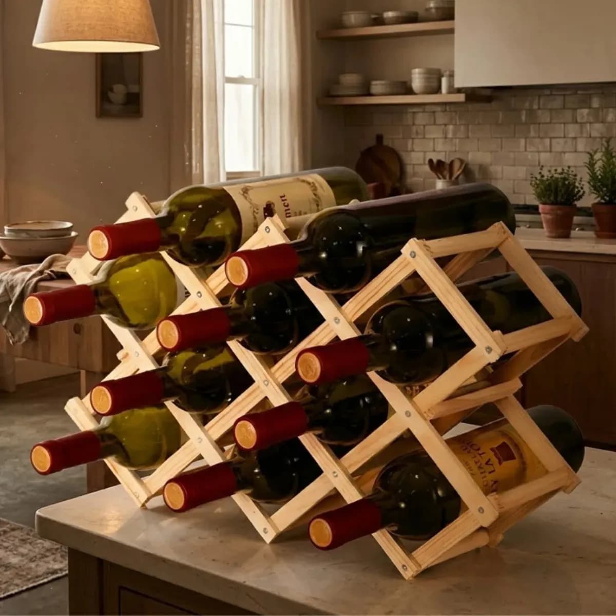 Suporte Adega Porta Vinhos 10 Garrafas Retrátil Bambu Mesa Bancada Portátil Pítia