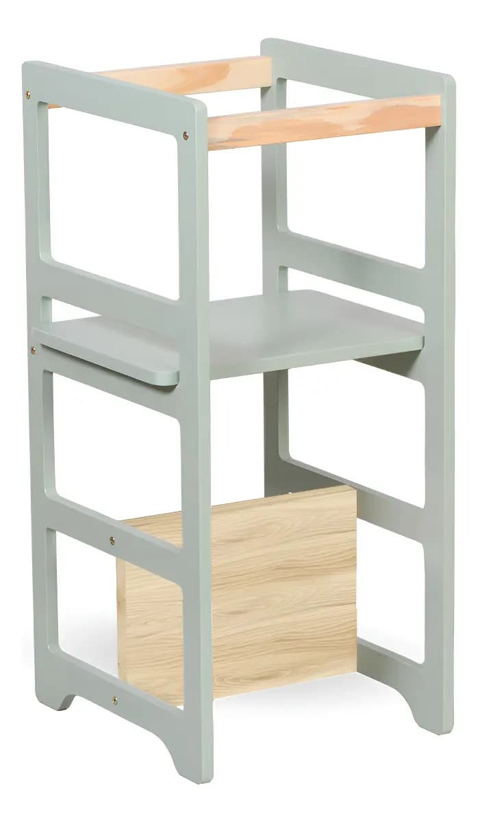 Torre Verde Montessouri De Aprendizagem 4 Em 1 Laqueada Verde Cha Regula Altura Top Decoração Infantil